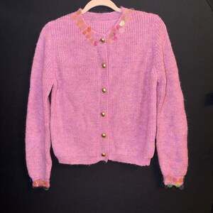Pink Marled Button-Front Cardigan Sweater with Sequin Trim